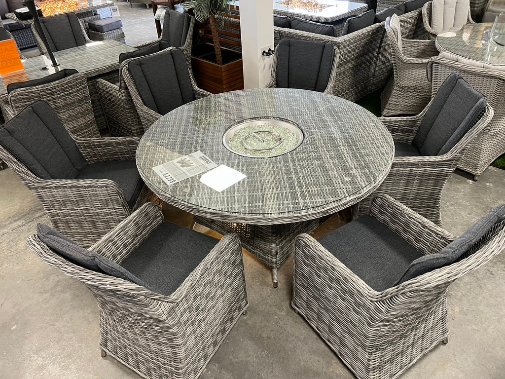 California 6 Seat Round Dining Set with Fire Pit Table - Dark Willow