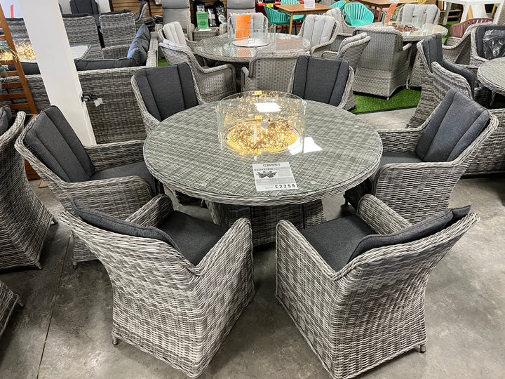 California 6 Seat Round Dining Set with Fire Pit Table - Dark Willow