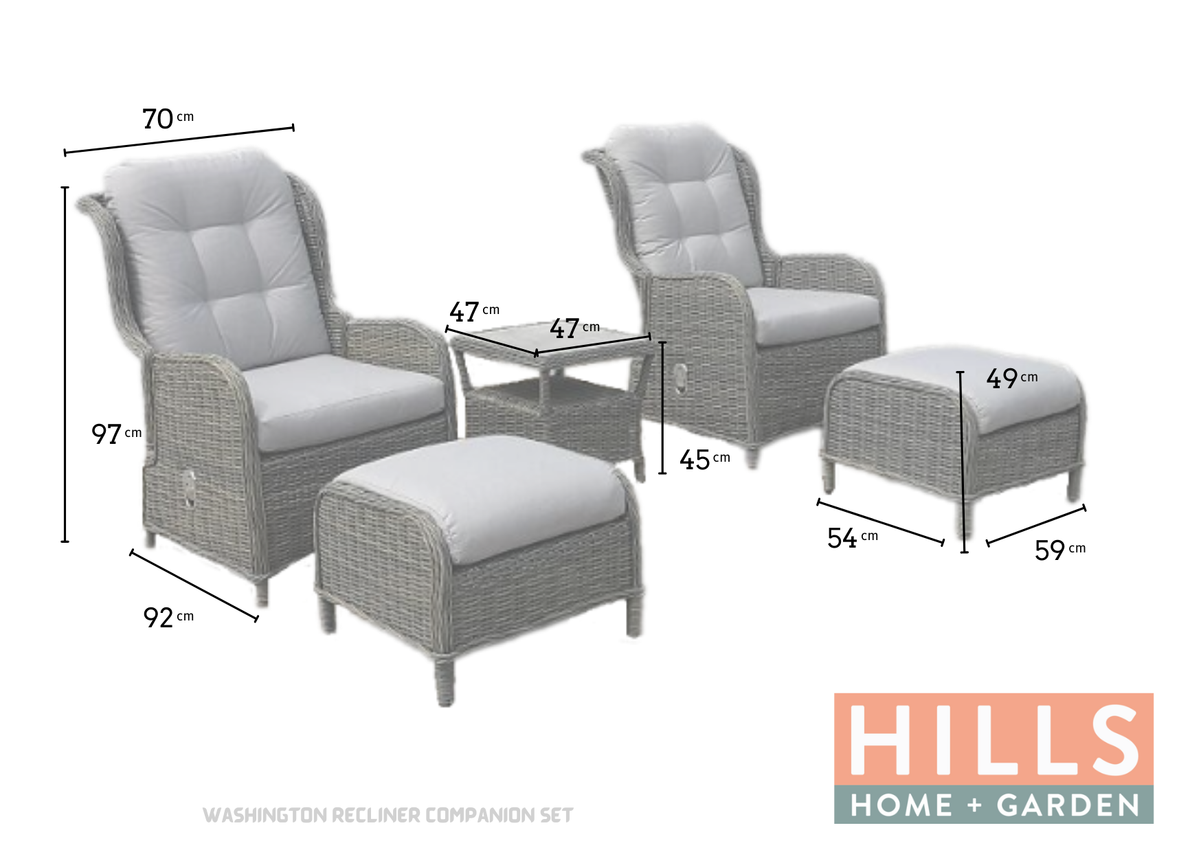 Washington Recliner Companion Set with Light Grey Cushions Hills Home and Garden